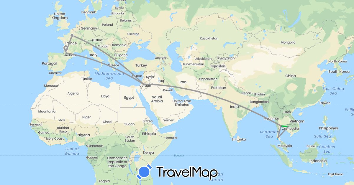 TravelMap itinerary: driving, bus, plane, boat, motorbike in Cambodia, Thailand (Asia)